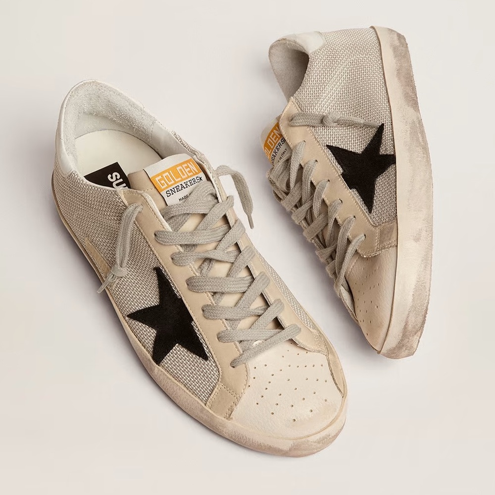 Silver-tone/grey/white leather Super Star Sneakers.